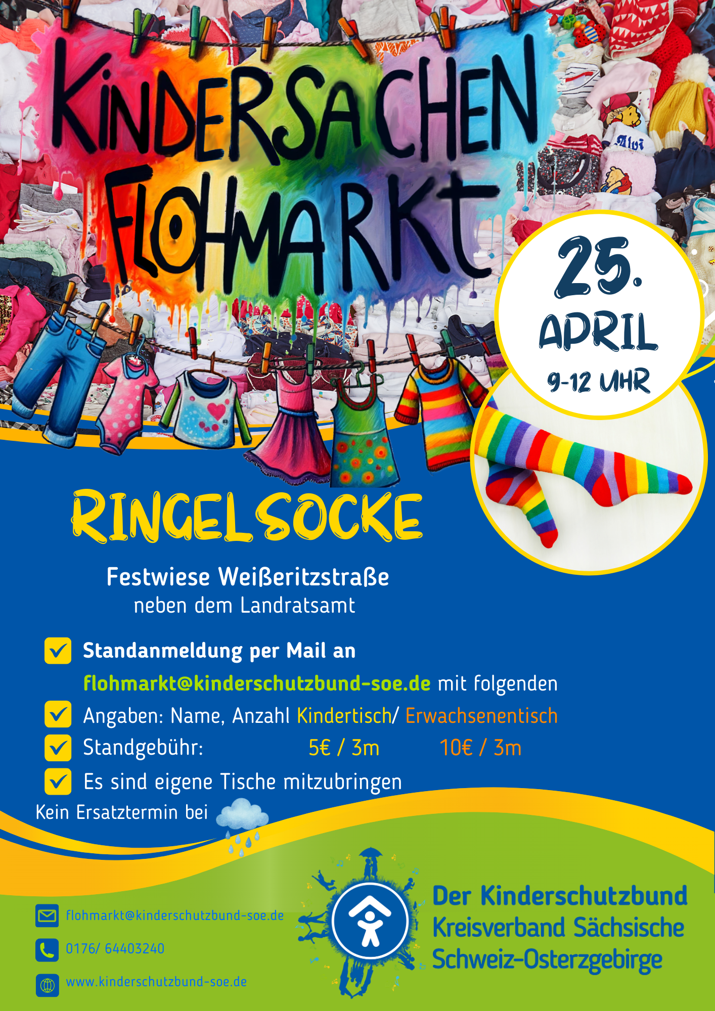 Bunte Kleidung und Ringelsocken kündigen den Flohmarkt in der Weißeritzstraße an, der im April stattfindet.